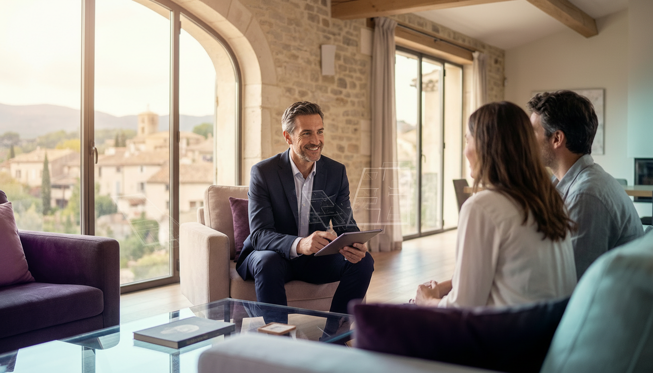 Conseiller immobilier élégant assis dans un salon lumineux, tenant une tablette numérique d'une main