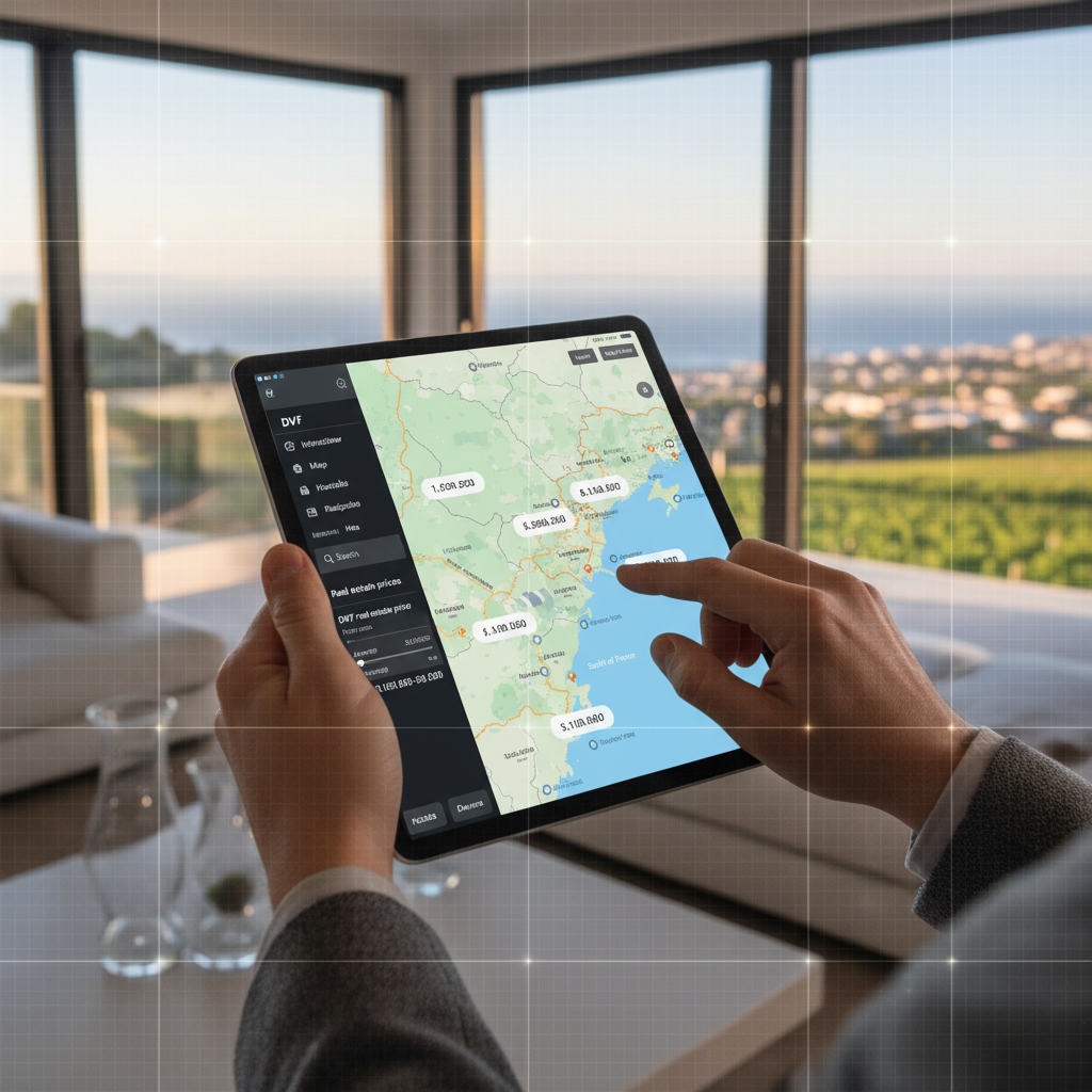 Gros plan sur les mains d'un professionnel de l'immobilier tenant une tablette affichant une carte i