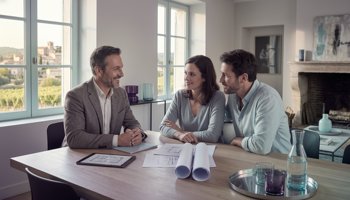 Conseiller immobilier souriant, assis à la table de salle à manger avec un couple de propriétaires, 