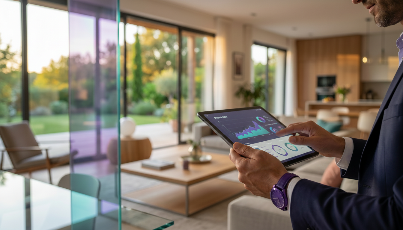 Gros plan sur les mains d'un conseiller immobilier montrant une tablette numérique affichant des don