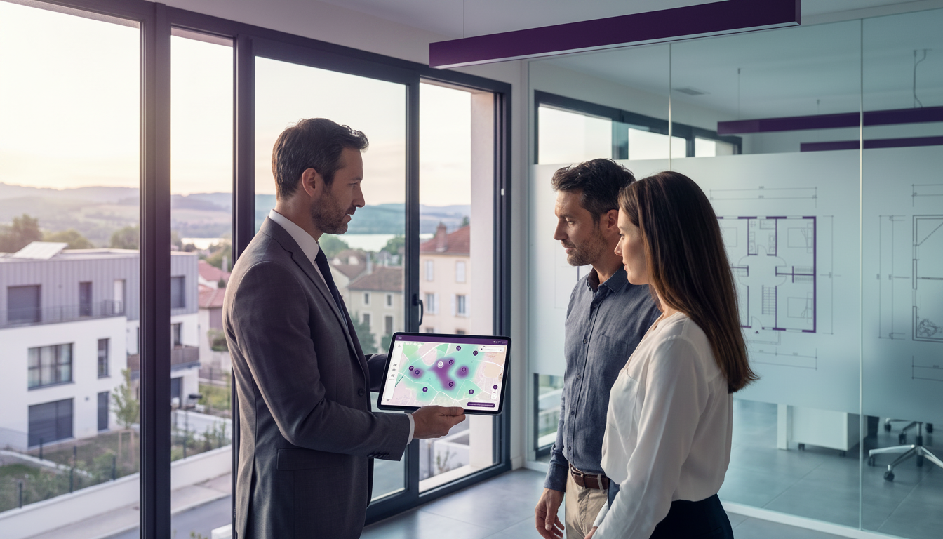 Conseiller immobilier professionnel montrant une carte interactive sur sa tablette à un acheteur, av