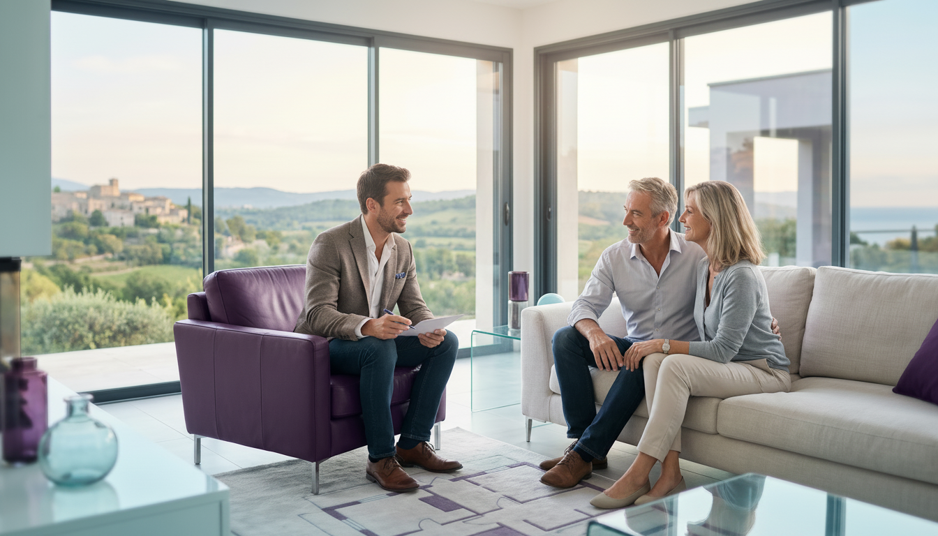 Conseiller immobilier chaleureux et souriant, assis dans un canapé en cuir face à un couple de propr