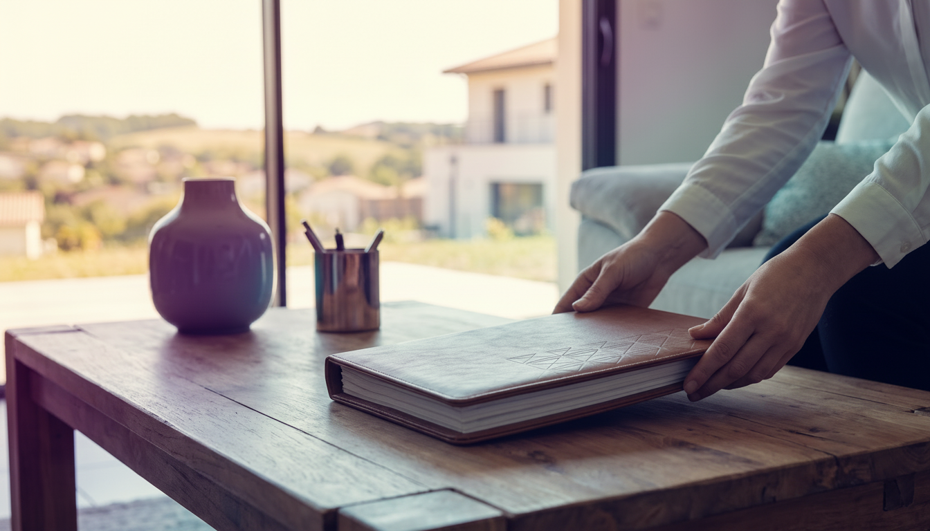Gros plan sur les mains d'un conseiller immobilier posant doucement un dossier d'estimation sur une