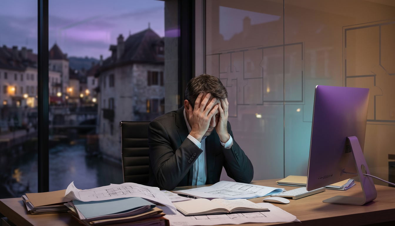 Un conseiller immobilier fatigué, assis à son bureau tard le soir, se tenant la tête à deux mains de