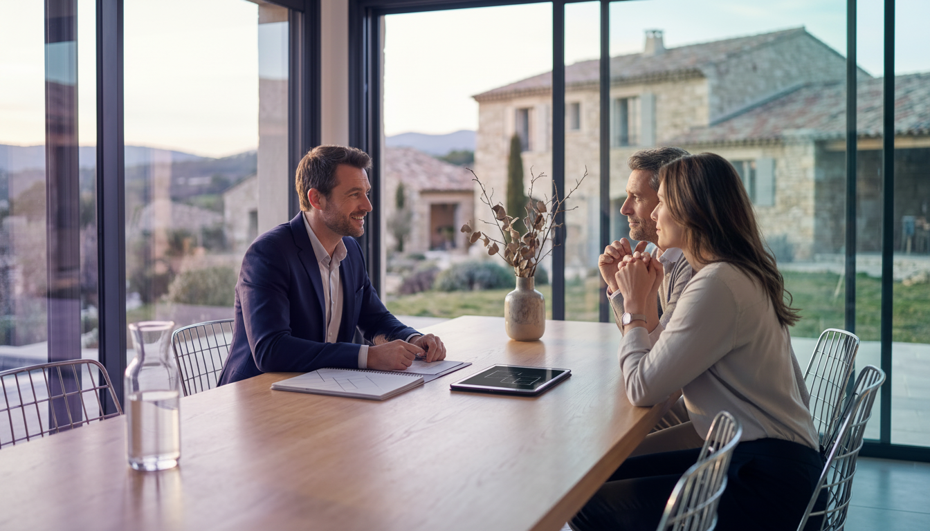 Conseiller immobilier professionnel assis à la table d'une salle à manger moderne, écoutant attentiv