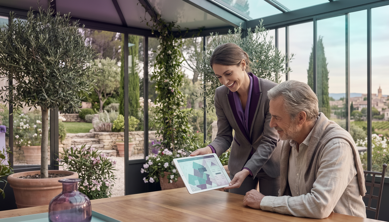 Conseillère en immobilier souriante montrant l'écran de sa tablette à un propriétaire d'âge mûr dans