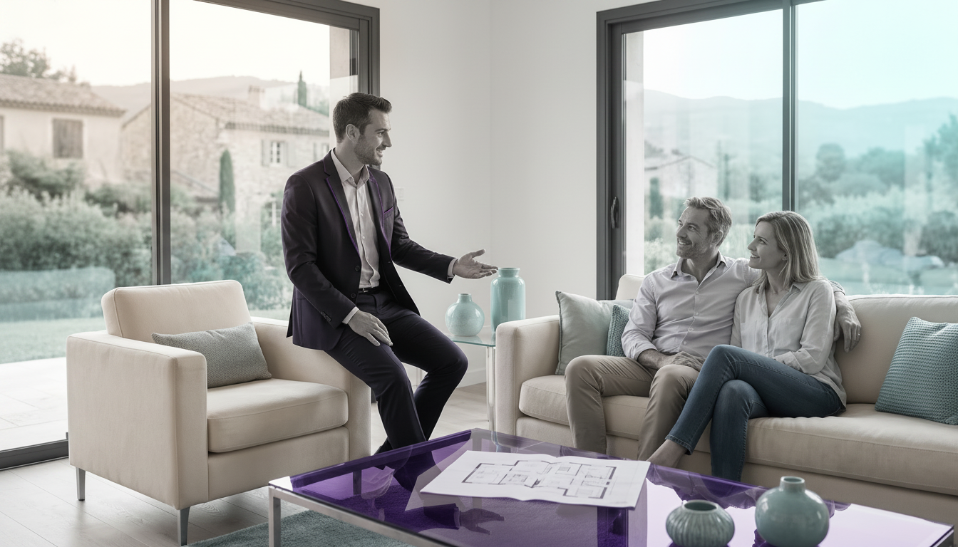 Conseiller immobilier confiant en costume discutant sereinement avec un couple de propriétaires dans
