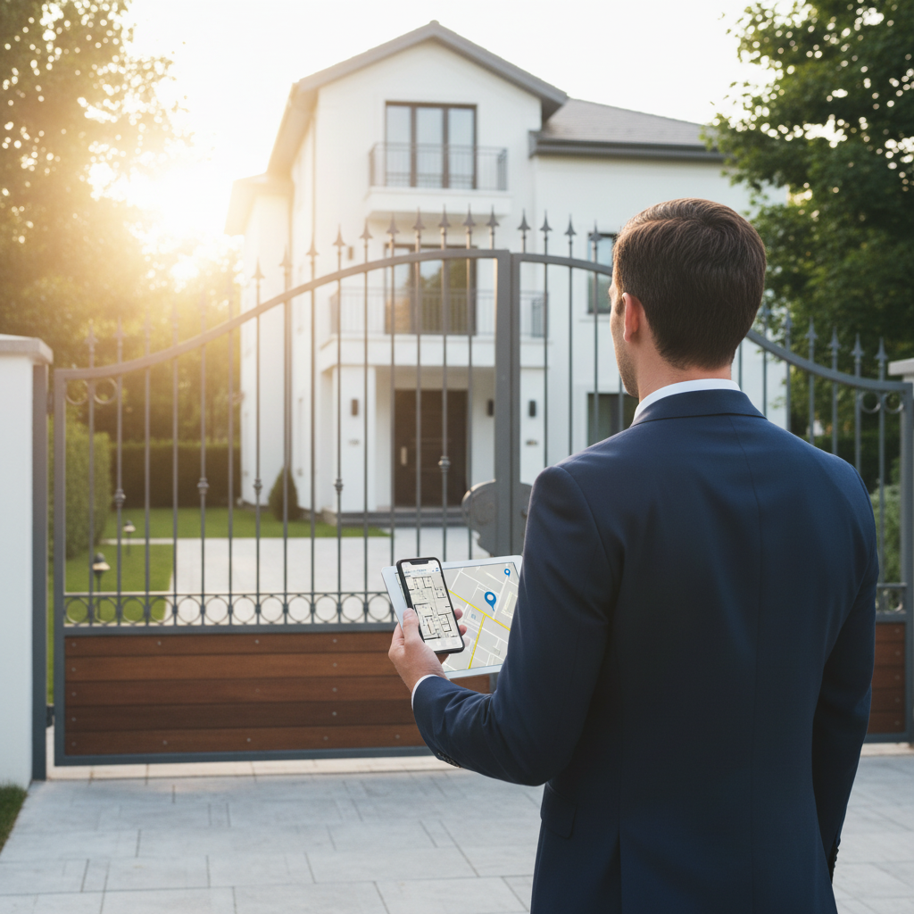 Conseiller immobilier sur le terrain consultant son application mobile devant un portail de maison p