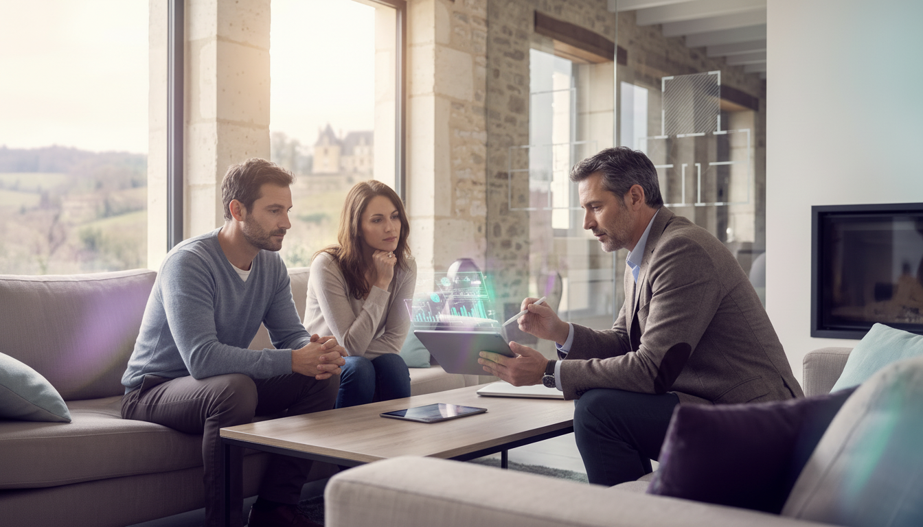 Conseiller immobilier assis à une table de salon avec un couple distant l'un de l'autre, montrant de