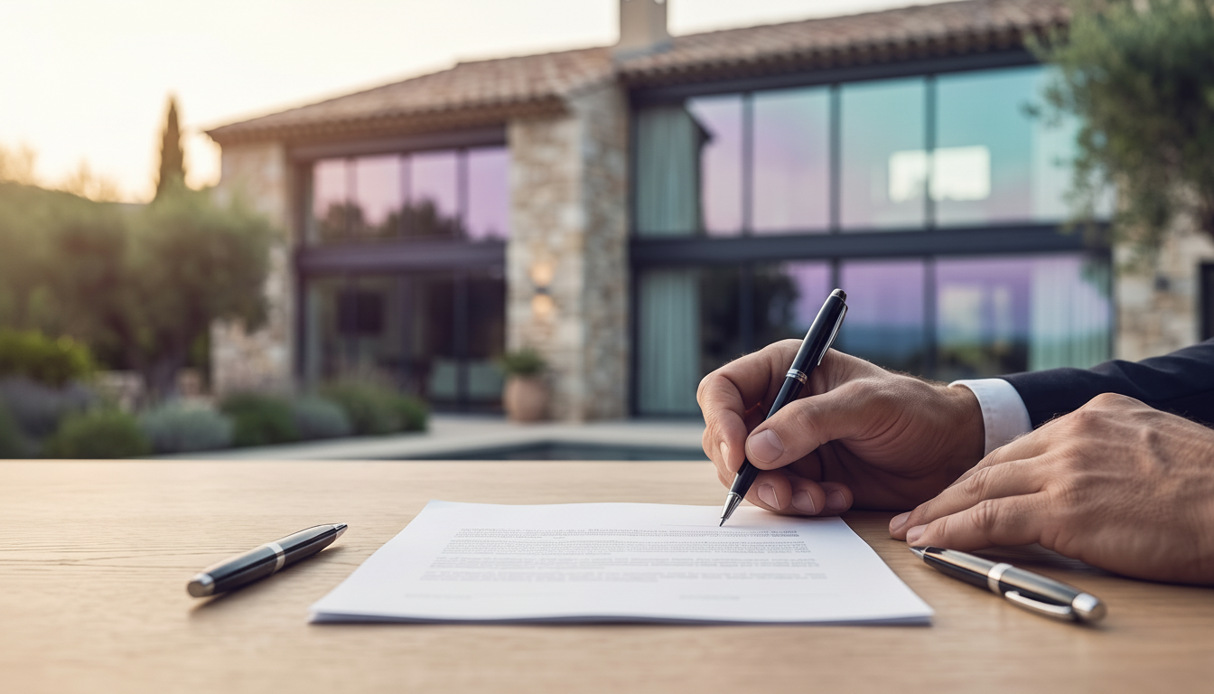 Vue rapprochée de mains signant un contrat de mandat exclusif sur un bureau en bois clair, avec deux