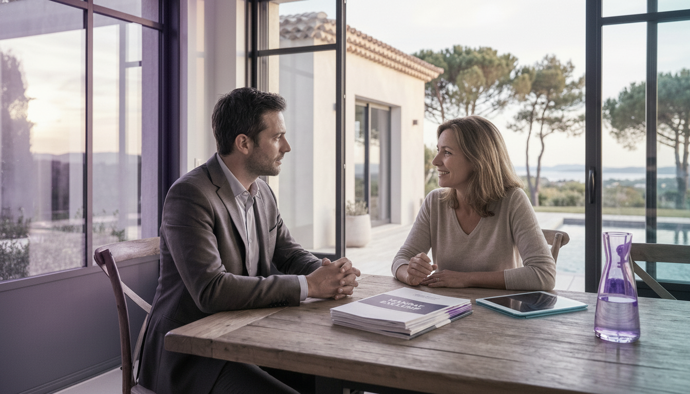 Conseiller immobilier bienveillant assis à la table de la salle à manger d'un propriétaire vendeur, 