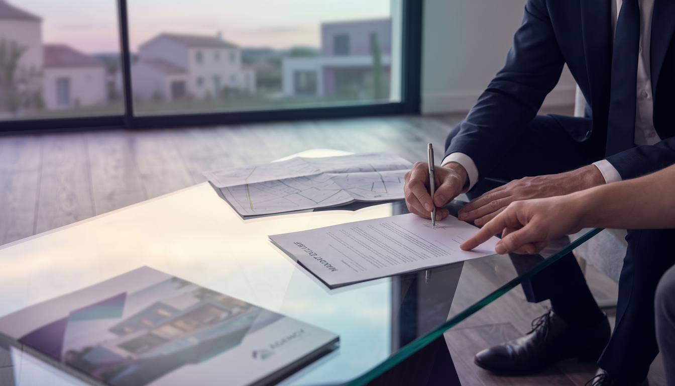 Plan rapproché sur les mains d'un conseiller immobilier et d'un client vendeur signant un mandat exc