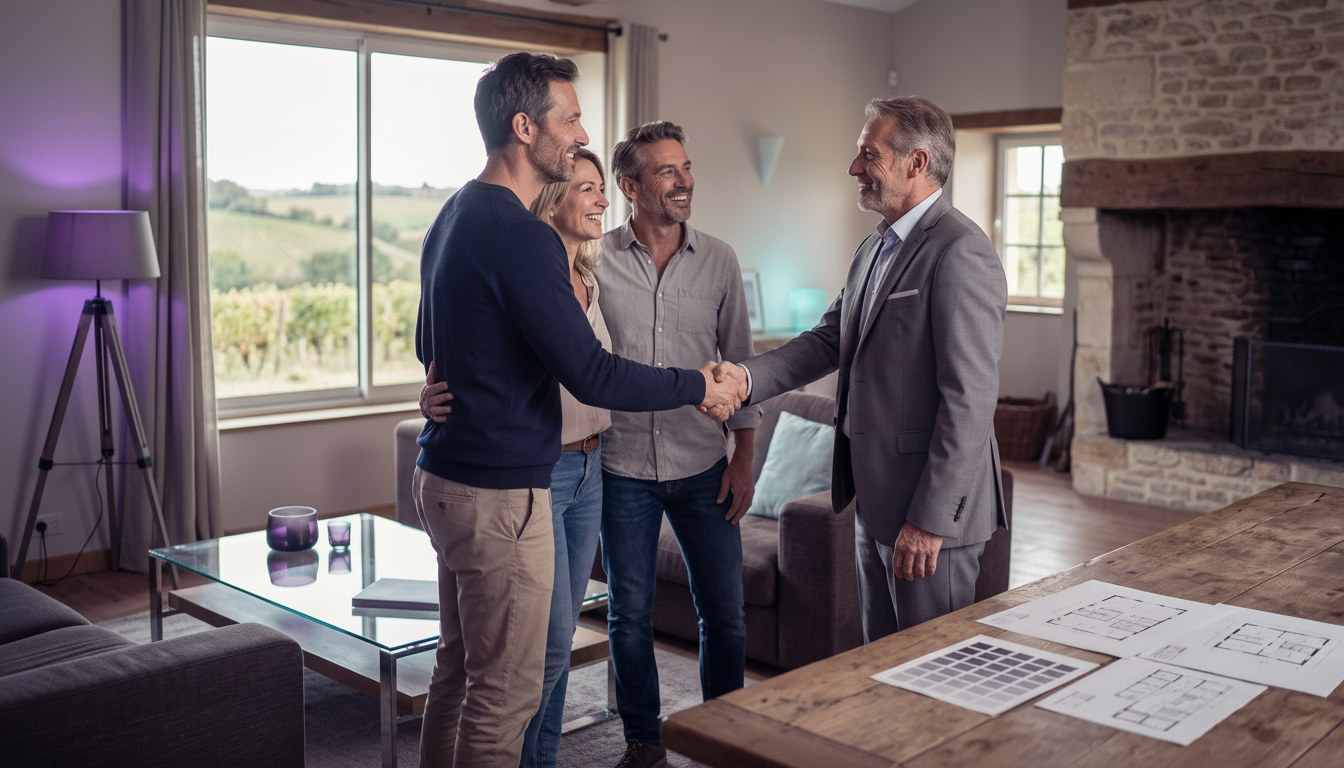 Trois adultes d'une même fratrie souriants et soulagés, serrant la main d'un conseiller immobilier r