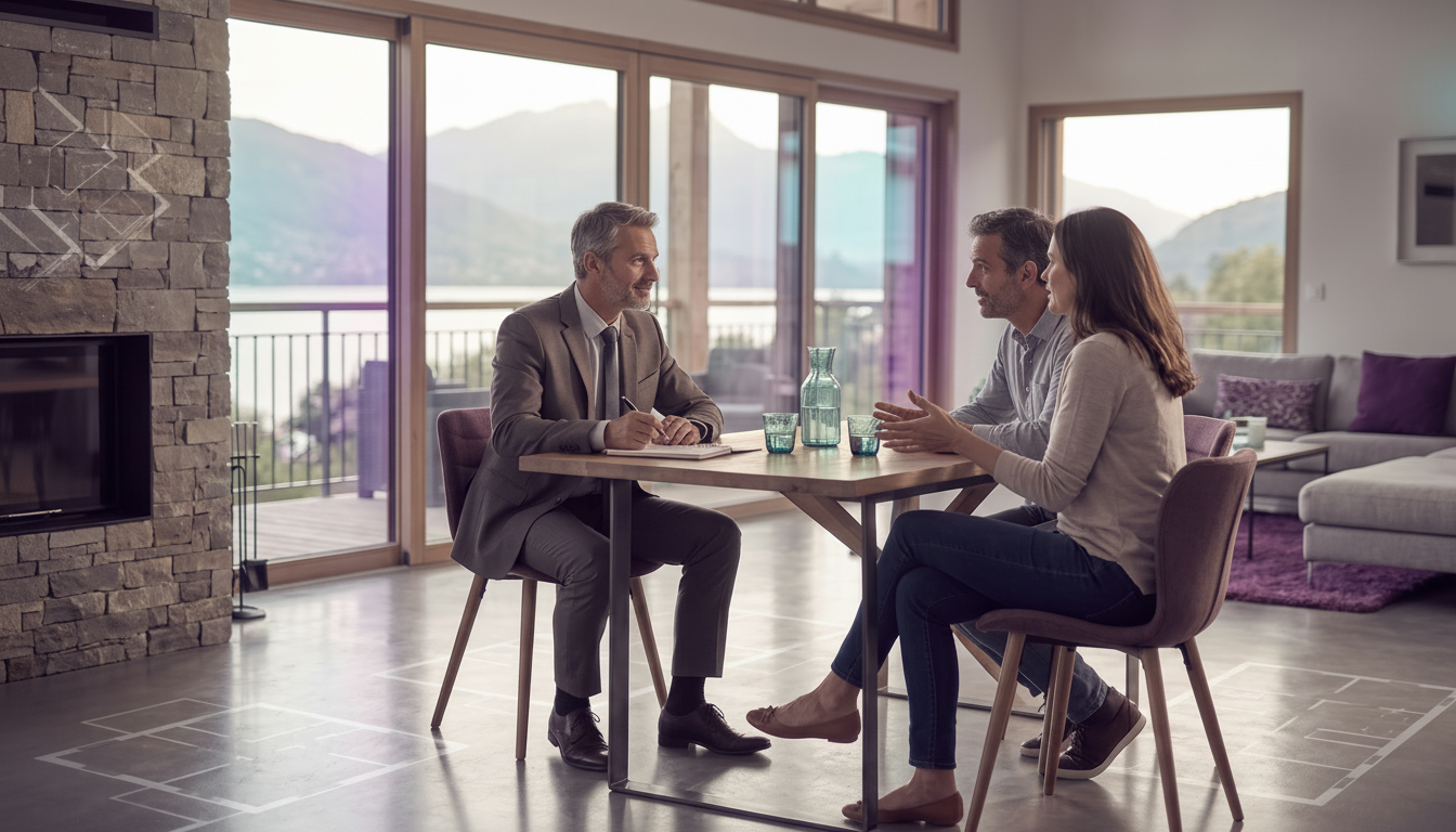 Conseiller immobilier bienveillant assis avec un couple de vendeurs dans leur salon, écoutant attent