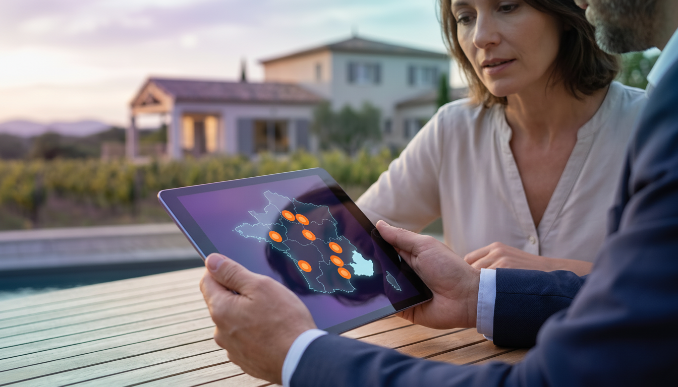 Gros plan sur une tablette affichant une carte interactive avec des marqueurs orange, tenue par un c
