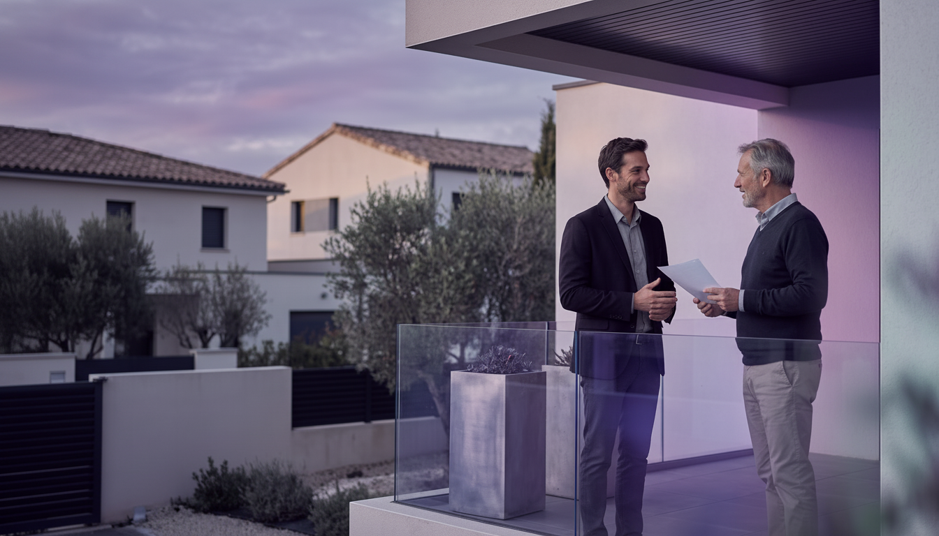 Conseiller immobilier professionnel souriant, debout sur le perron d'une maison de style contemporai