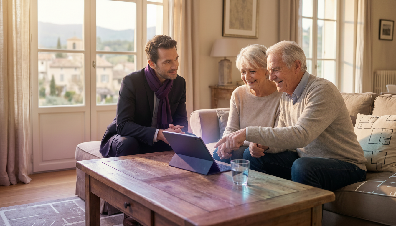 Conseiller immobilier bienveillant assis dans un salon chaleureux, écoutant attentivement un couple 