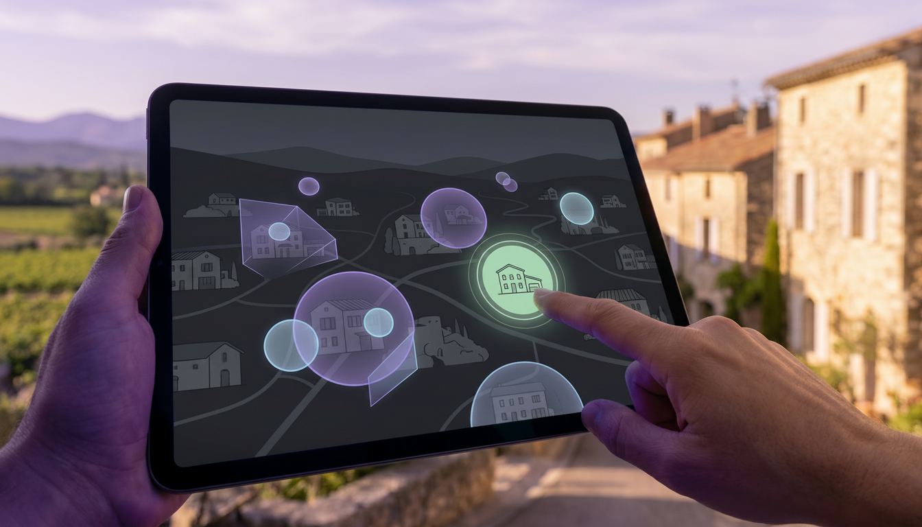 Écran de tablette affichant une carte interactive avec des prix immobiliers superposés sur des maiso