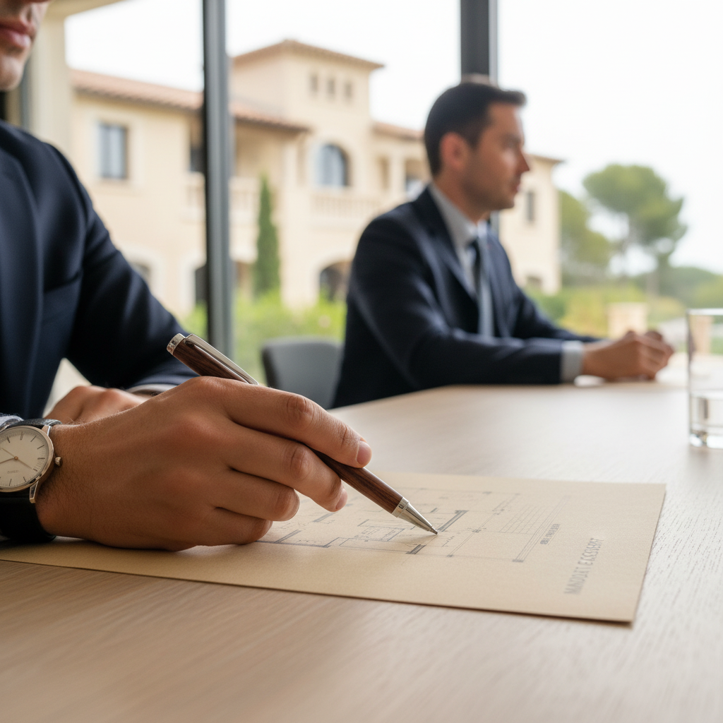 Gros plan sur les mains d'un conseiller immobilier posant doucement un stylo haut de gamme sur un co
