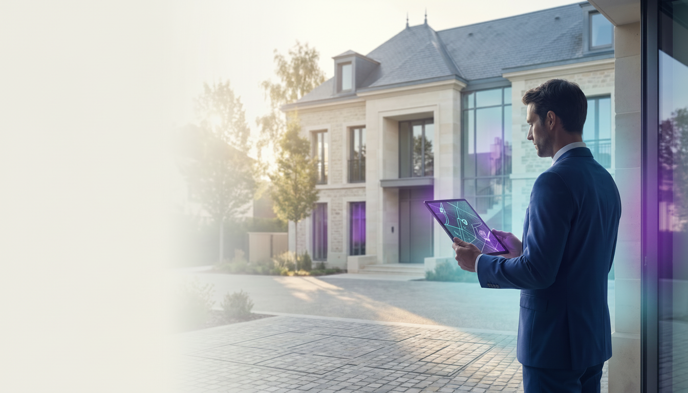 Conseiller immobilier sur le terrain, consultant une carte interactive sur sa tablette devant une ma