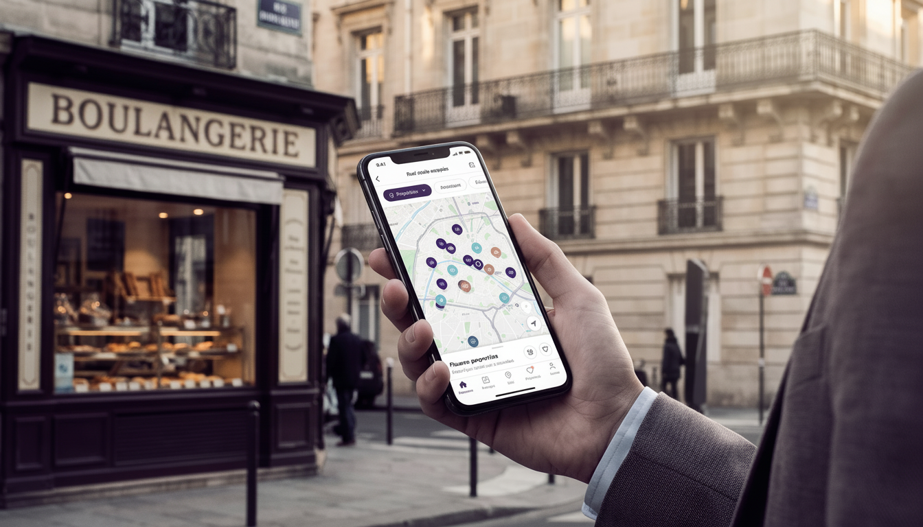 Vue en gros plan sur un smartphone affichant une application de cartographie immobilière avec des pa