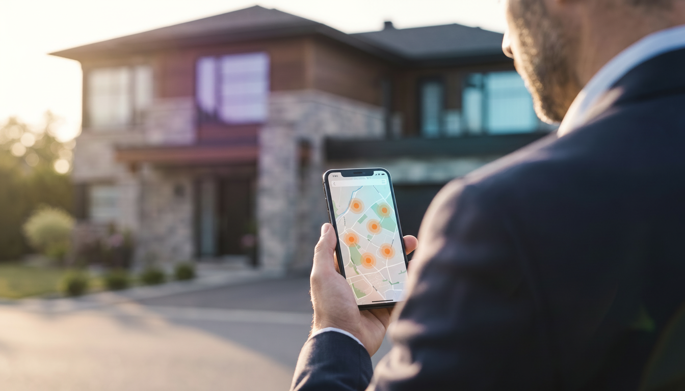 Vue par-dessus l'épaule d'un conseiller immobilier sur le terrain, tenant un smartphone affichant l'