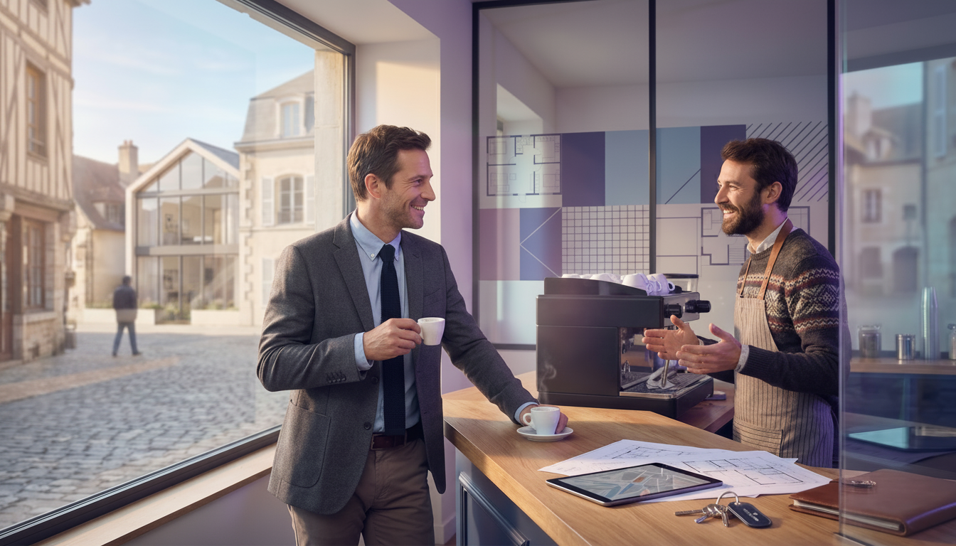 Conseiller immobilier en tenue professionnelle décontractée discutant amicalement avec le patron d'u