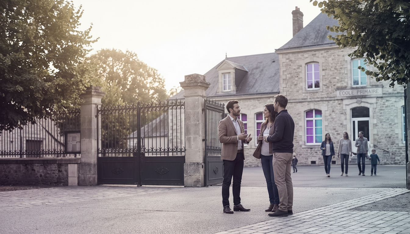 Conseiller immobilier en tenue décontractée chic discutant chaleureusement avec des parents d'élèves