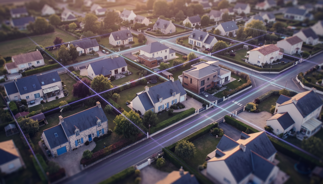Vue de dessus d'un quartier résidentiel français avec des maisons et des jardins, illustrant le conc