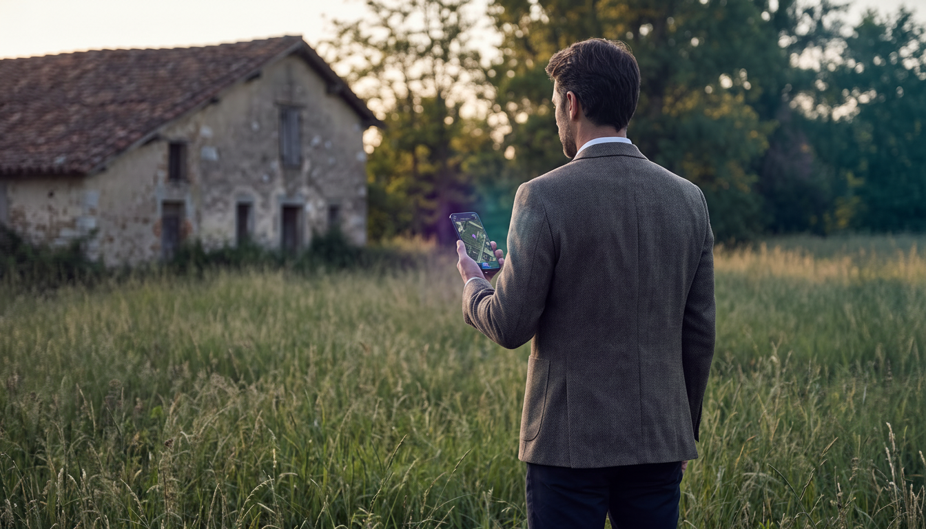 Conseiller immobilier de dos, habillé de manière professionnelle mais adaptée à la campagne, observa