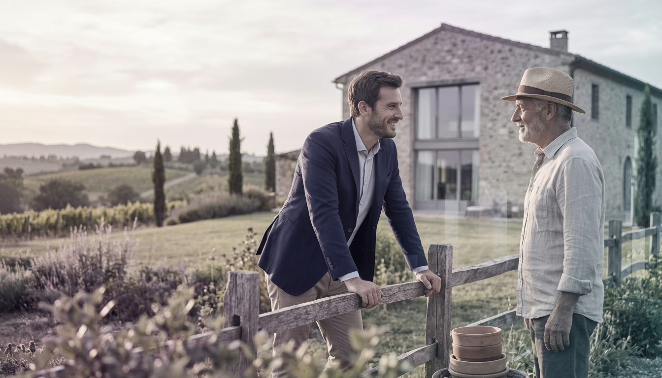 Conseiller immobilier souriant, discutant de manière détendue par-dessus la clôture d'un grand jardi