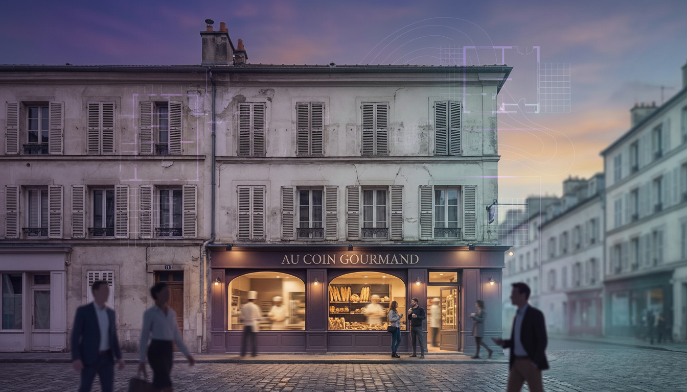 Vue en contre-plongée d'une rue commerçante française typique avec une boulangerie au rez-de-chaussé