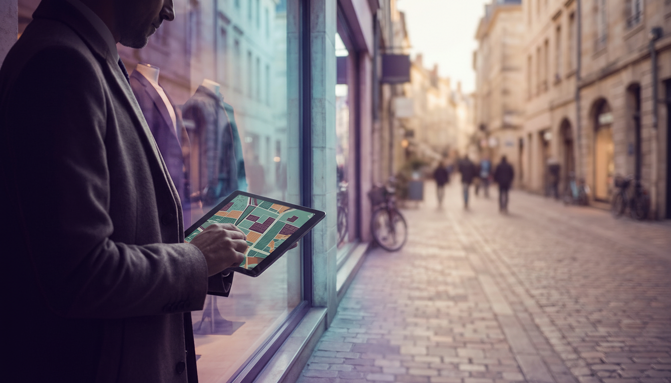 Conseiller immobilier debout devant une vitrine de magasin de vêtements, consultant discrètement sa 