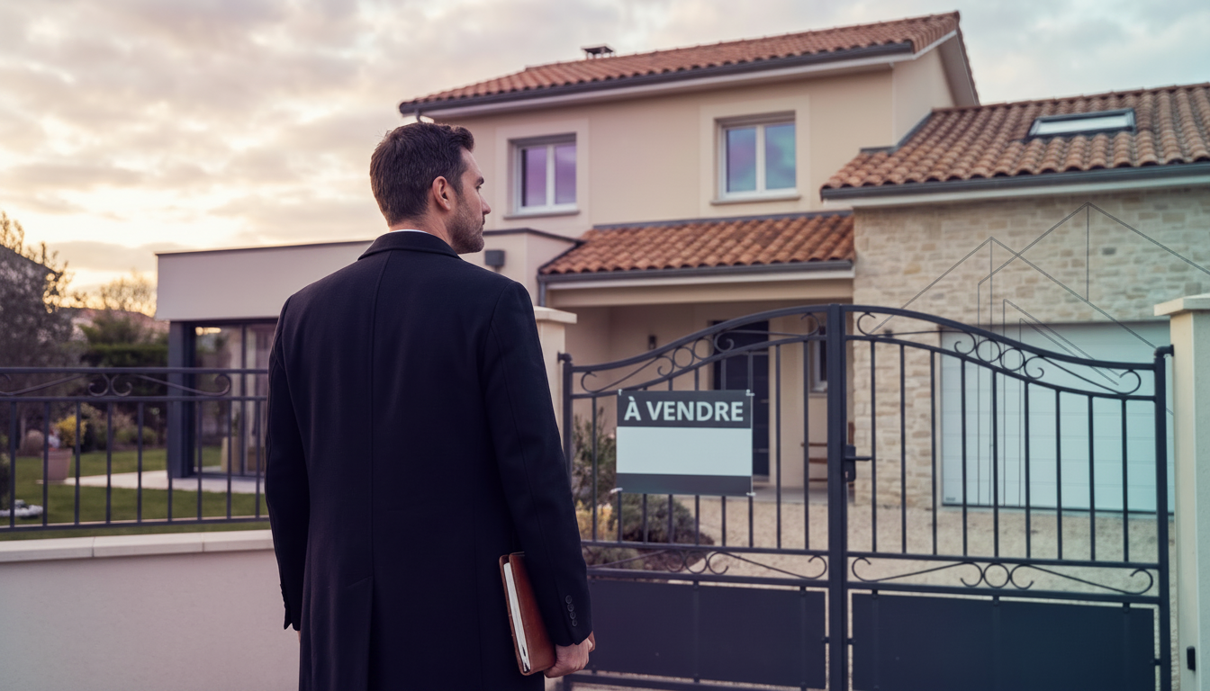 Conseiller immobilier de dos regardant un panneau à vendre d'un confrère sur le portail d'une maison