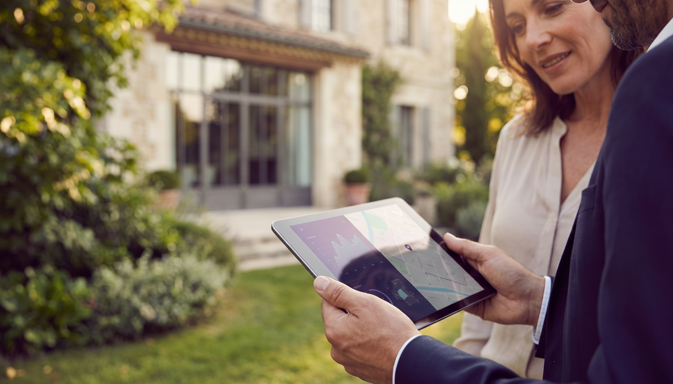 Gros plan sur les mains d'un conseiller immobilier montrant des statistiques de prix sur une tablett