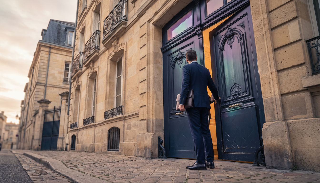 Vue en contre-plongée d'une belle porte d'entrée en bois d'une maison de ville française. Un conseil