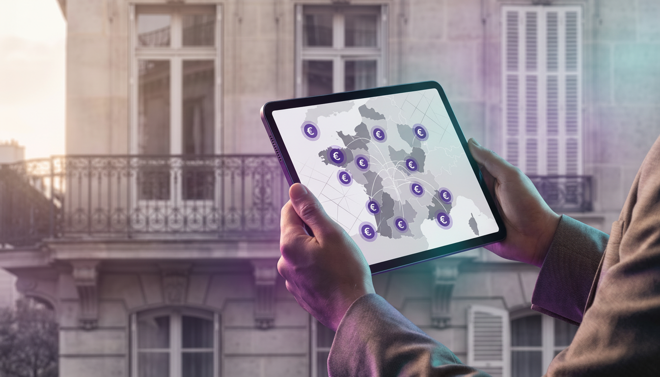 Tablette numérique affichant une carte interactive avec des pastilles colorées et des icônes d'euros