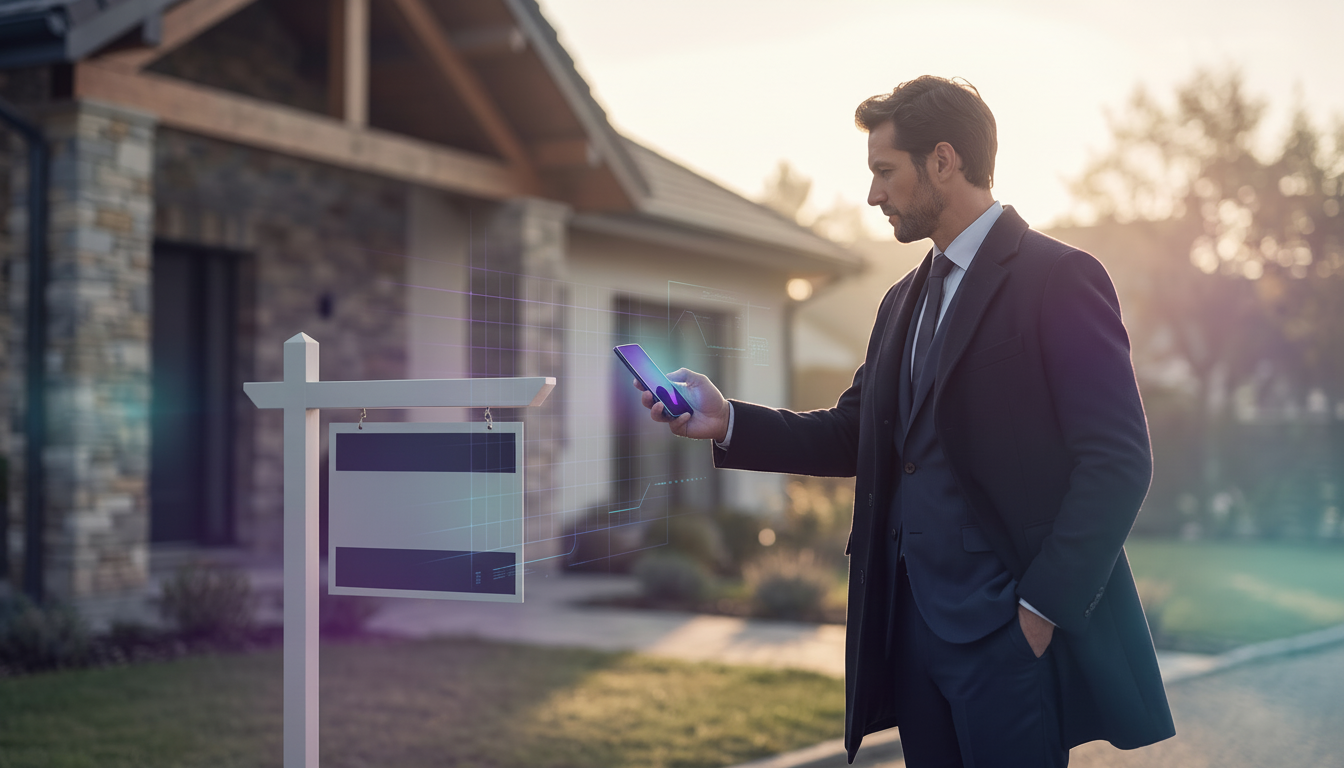 Conseiller en transaction immobilière scannant un panneau à vendre d'une agence concurrente avec son