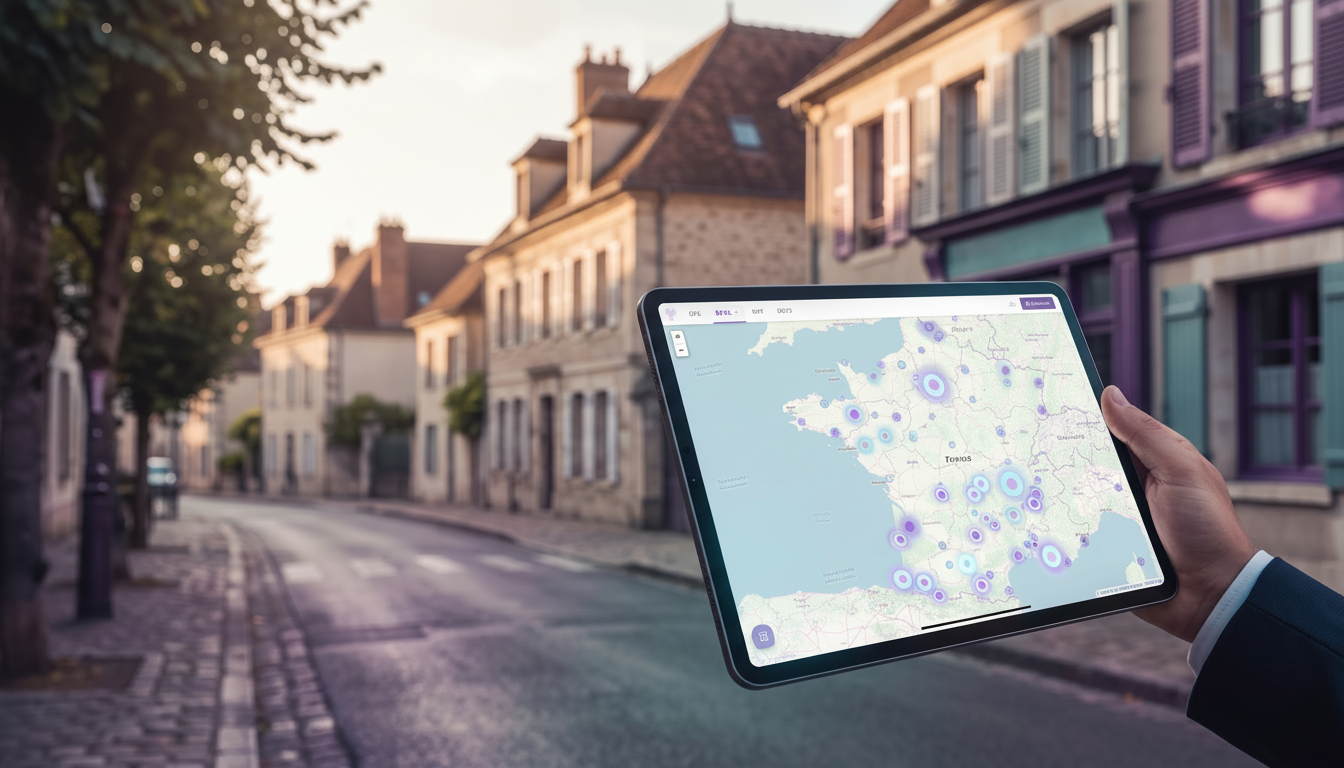 Vue de l'écran d'une tablette tenue par un conseiller immobilier, affichant une carte interactive av