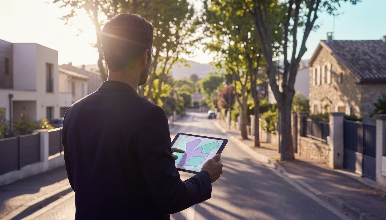 Conseiller immobilier de dos, regardant une rue résidentielle pavillonnaire française baignée par la