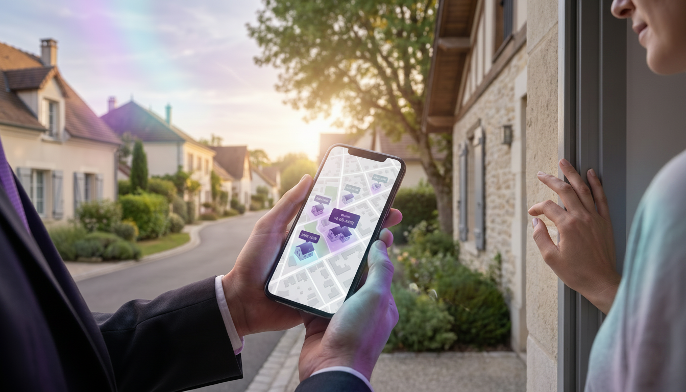 Gros plan sur les mains d'un conseiller immobilier montrant l'écran de son smartphone à un propriéta