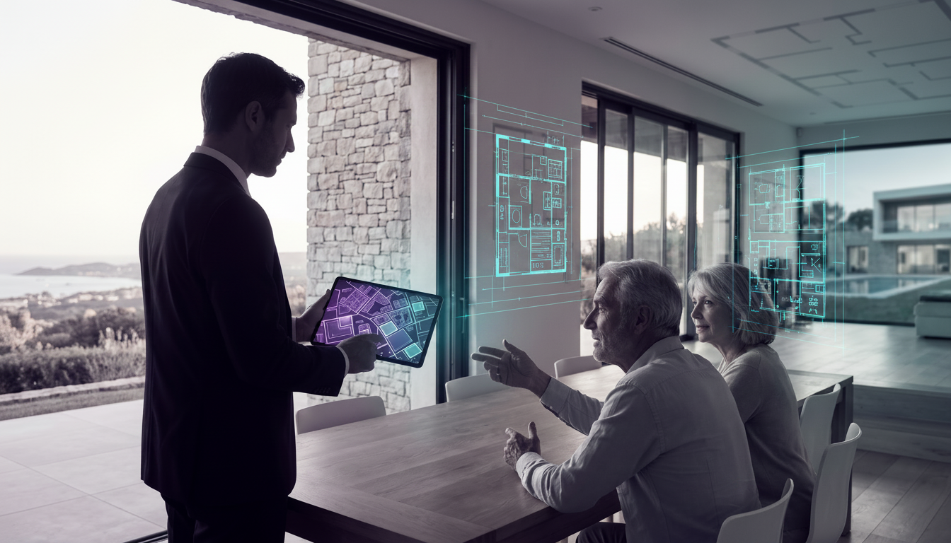 Conseiller immobilier montrant une carte interactive sur sa tablette à des propriétaires vendeurs as