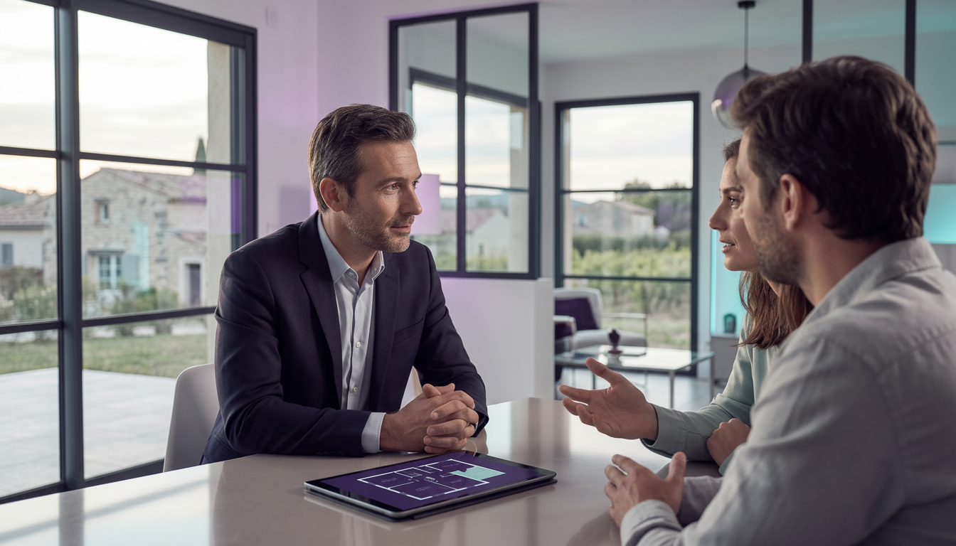Conseiller immobilier regardant attentivement un couple de vendeurs avec une posture d'écoute active