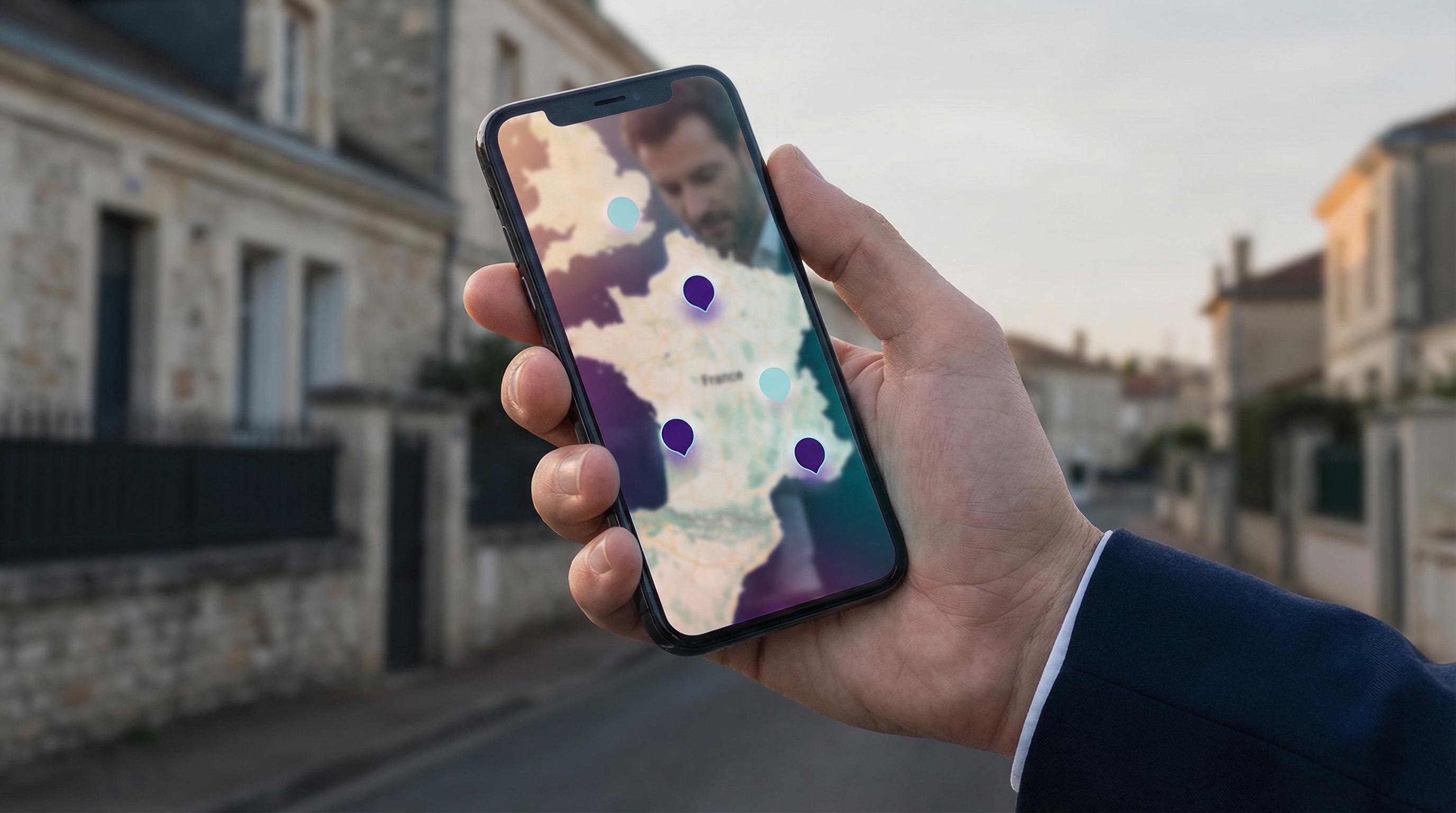 Gros plan sur un smartphone tenu par une main d'homme en costume, affichant une carte interactive av