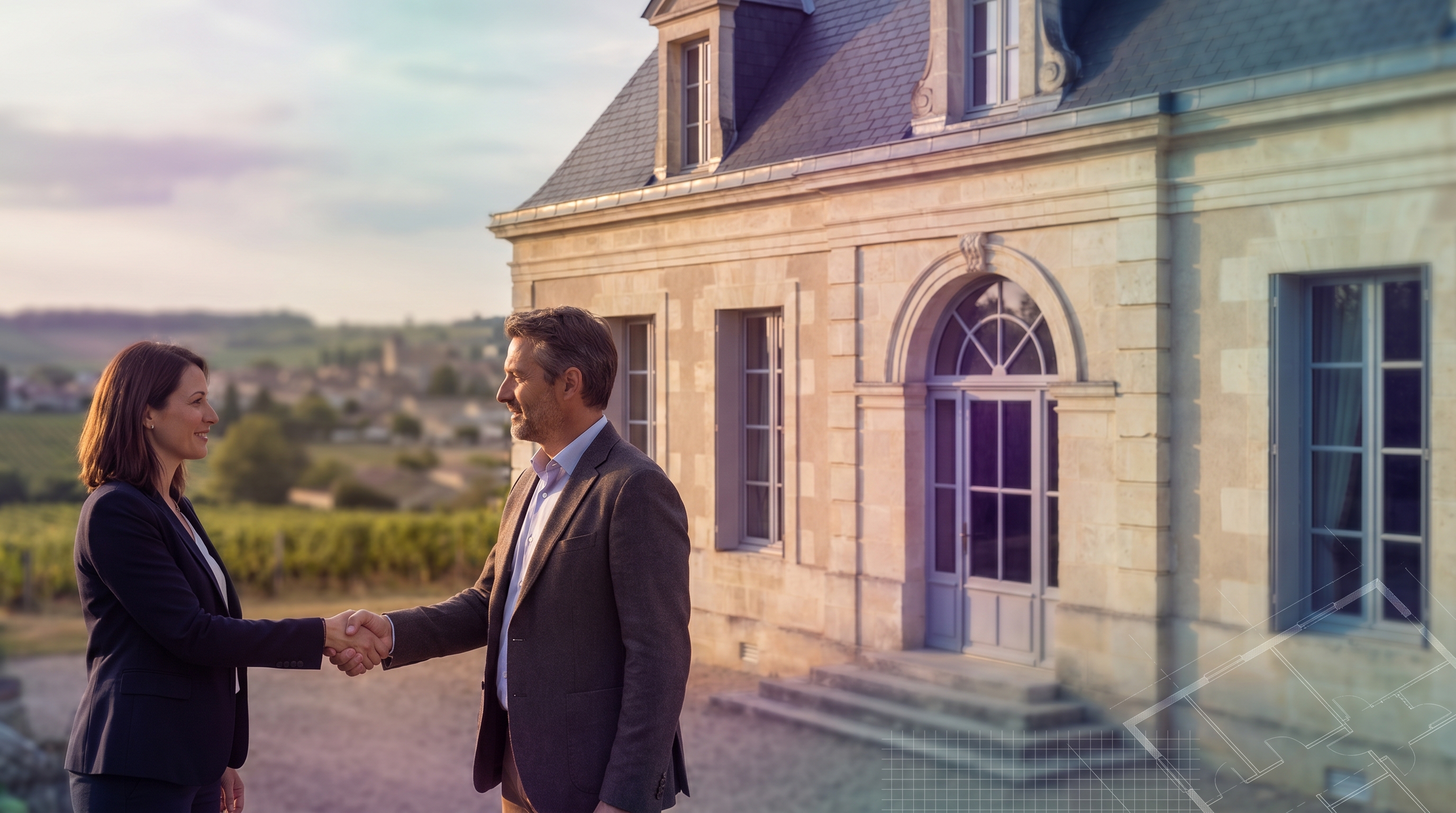 Poignée de main chaleureuse et professionnelle entre un conseiller immobilier et un propriétaire dev