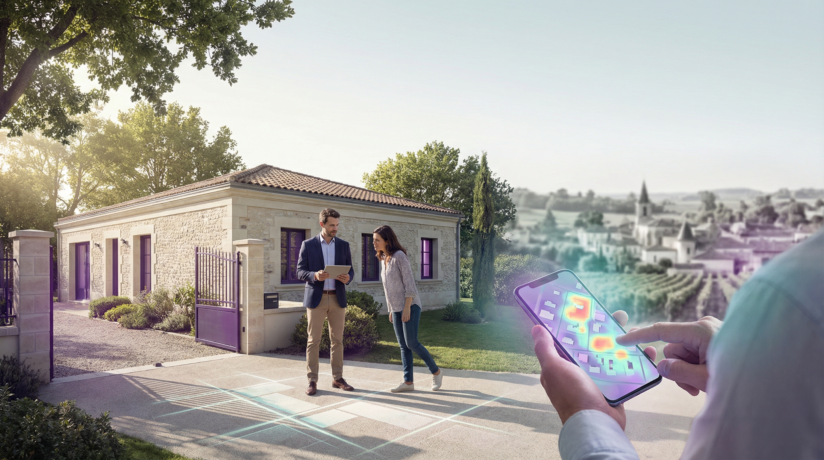 Un conseiller immobilier se tenant au portail d'une maison de plain-pied, montrant l'écran de son té