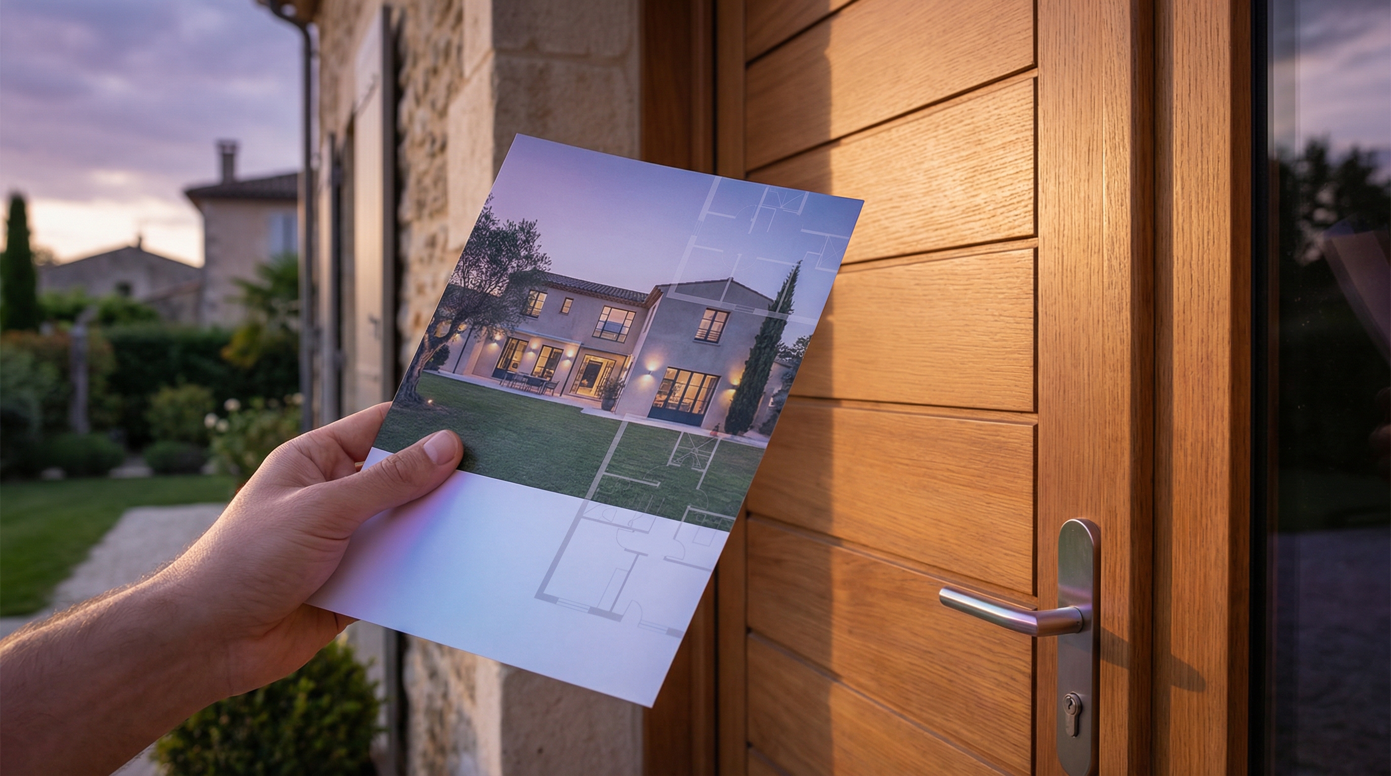 Gros plan sur une main tenant un flyer immobilier de qualité avec une photo professionnelle, devant 