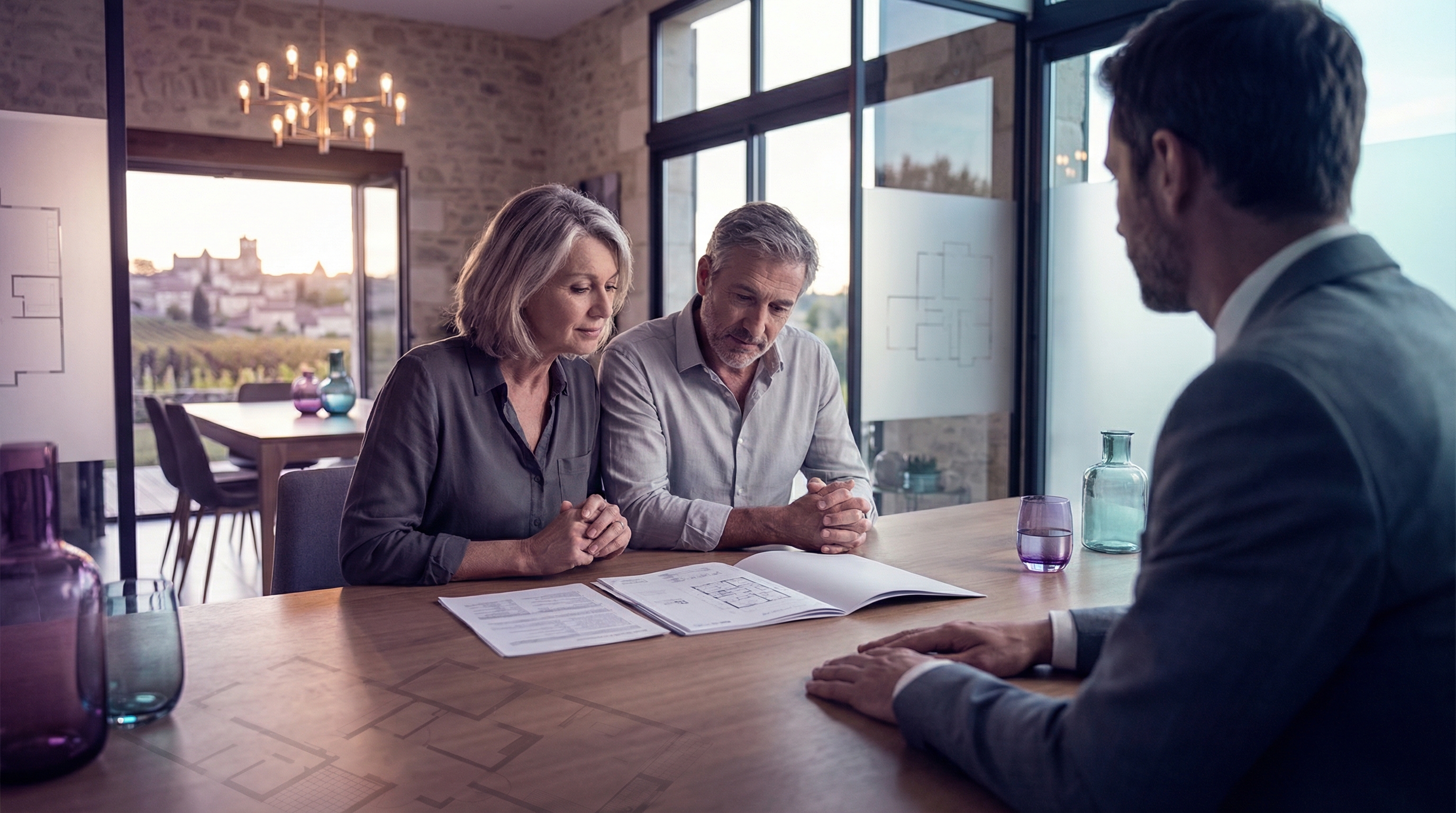 Plan rapproché sur un couple de propriétaires quinquagénaires assis à leur table de salle à manger, 