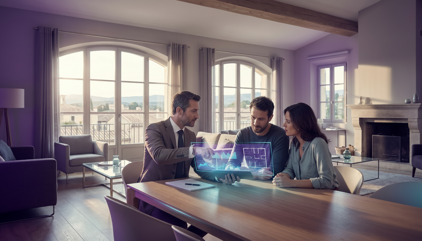 Conseiller immobilier en costume discutant avec des clients vendeurs dans un salon lumineux, leur mo