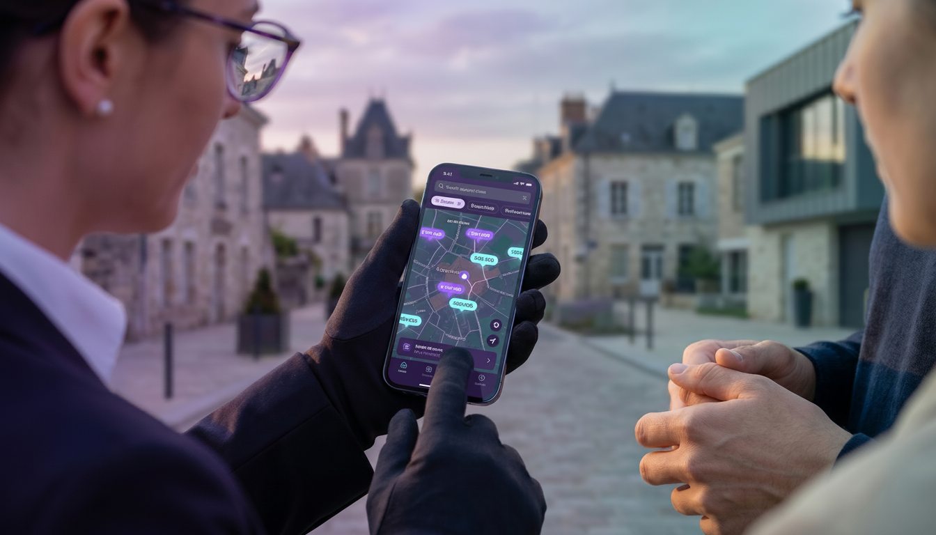 Vue rapprochée sur les mains d'un professionnel de l'immobilier tenant un smartphone affichant une c